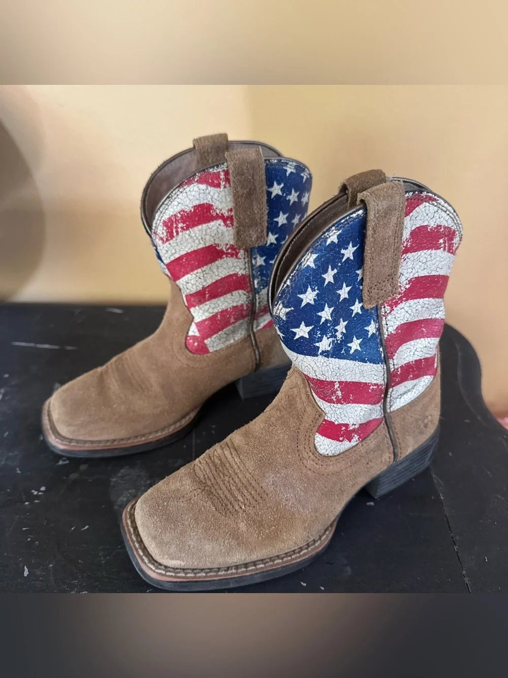 Kids Brown Suede Ariat Cowboy Boots with American Flag Shaft